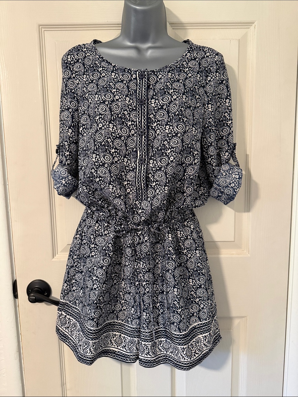 LOFT Navy & White Printed Tie-Waist Romper